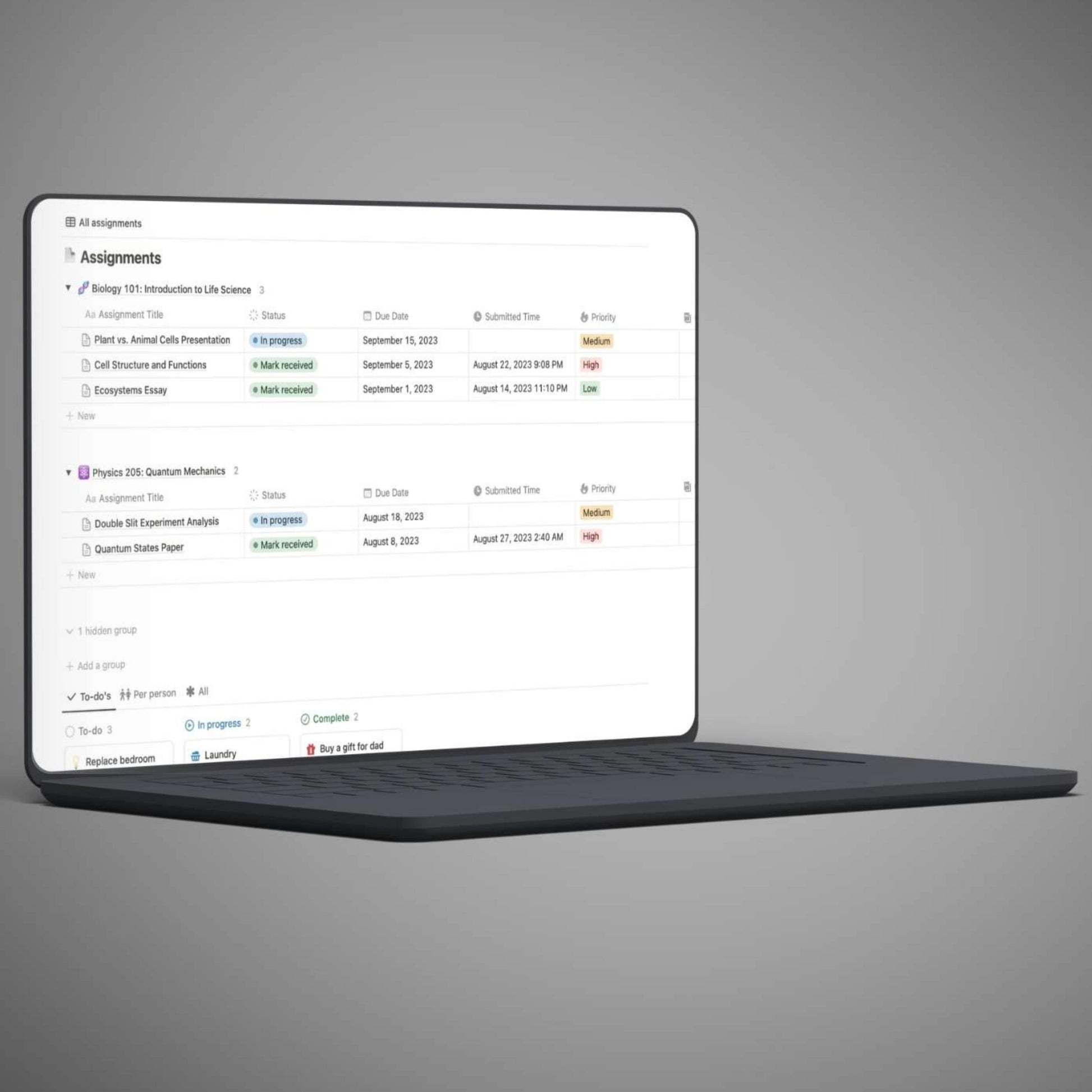 Academic planner for tracking assignments