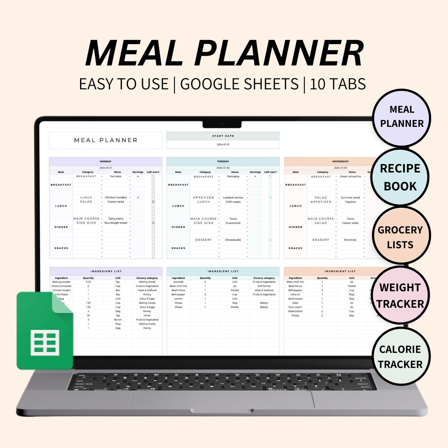 Digital meal planner template for weekly meal prep