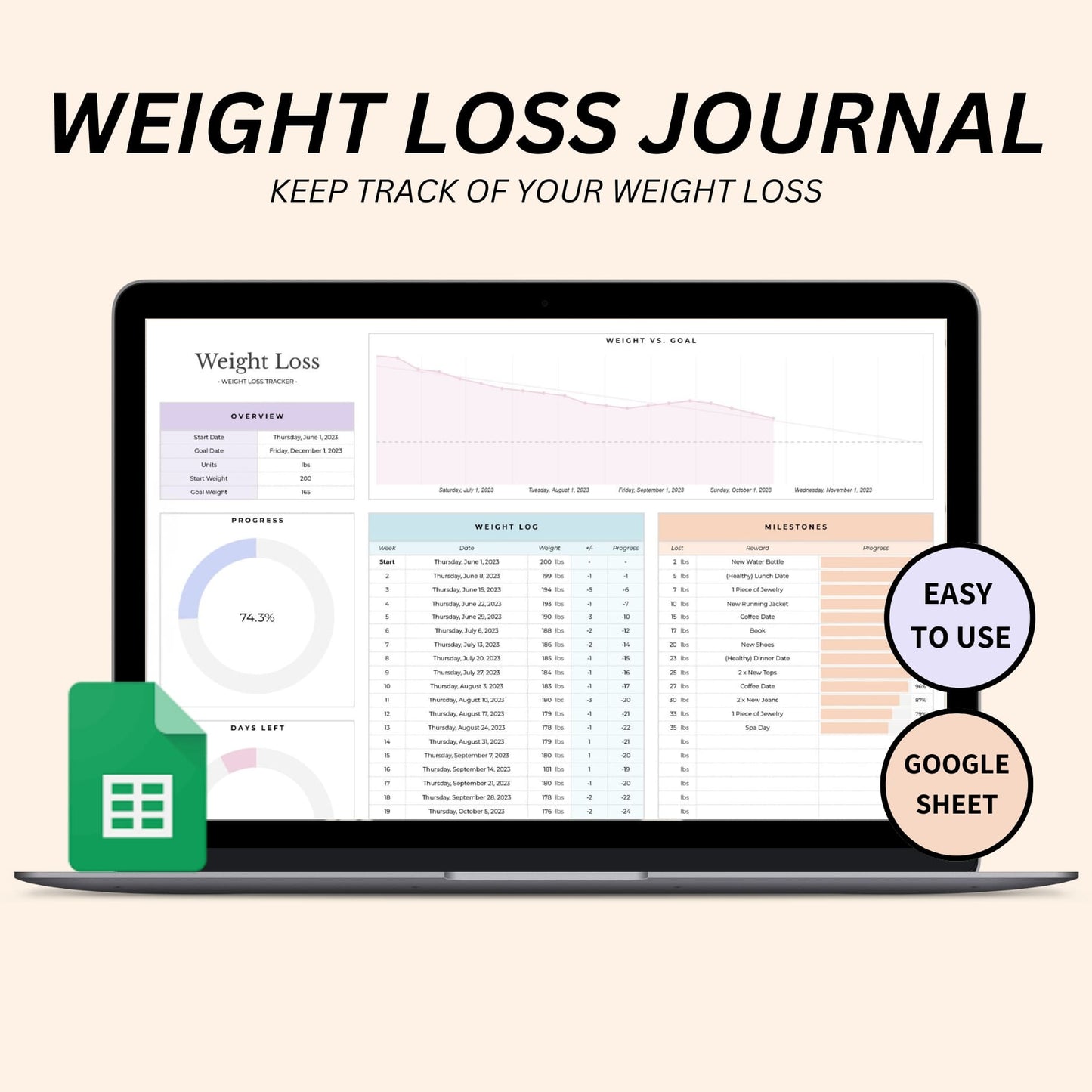 Digital weight loss journal template with charts