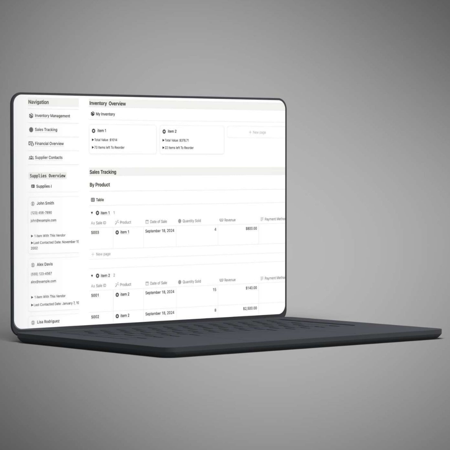 Editable Notion Sales Tracker and Inventory Organizer for small businesses