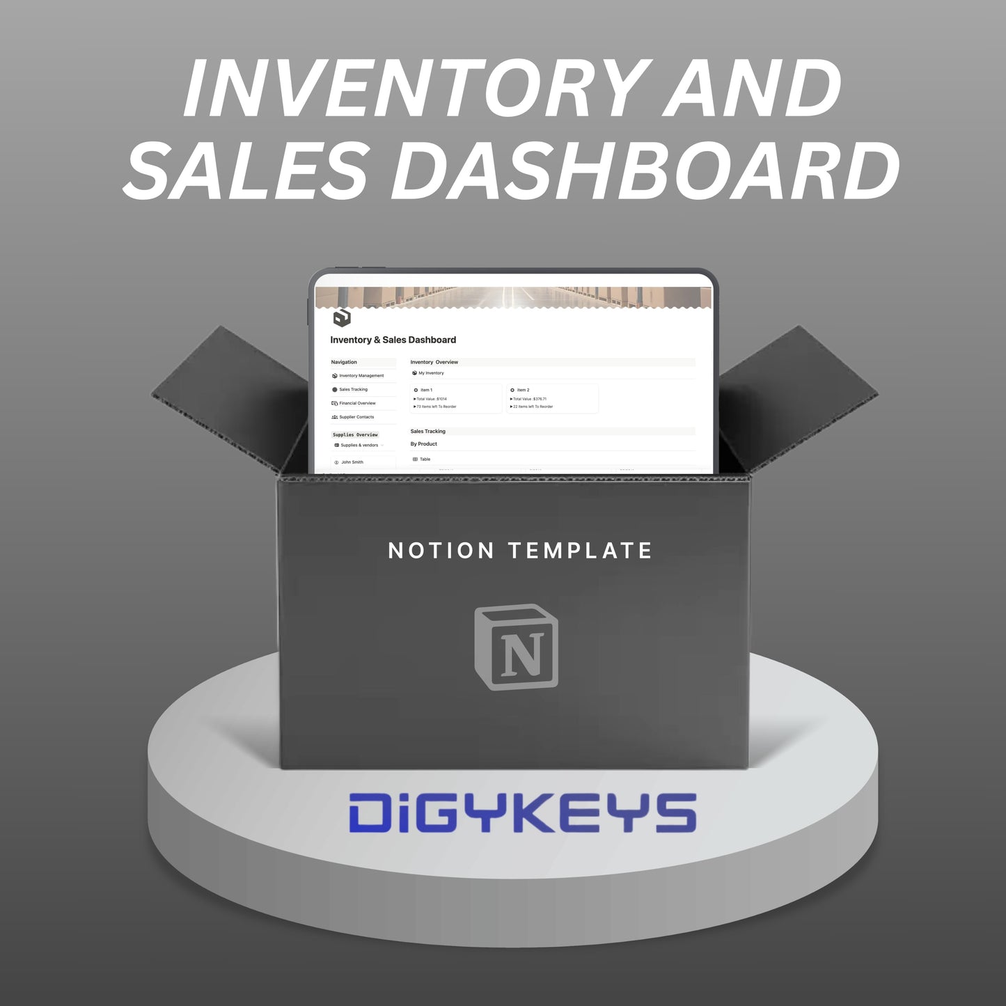 Notion Inventory Management Template dashboard view for tracking sales and stock