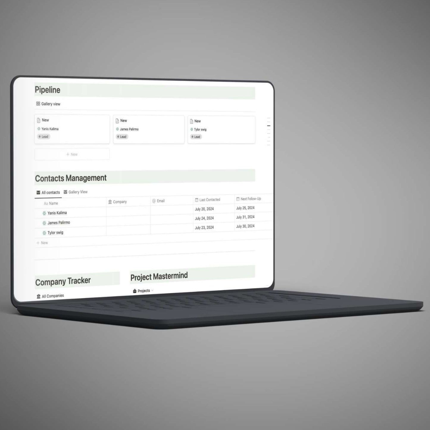 Organized Notion dashboard for tracking customer interactions and details.