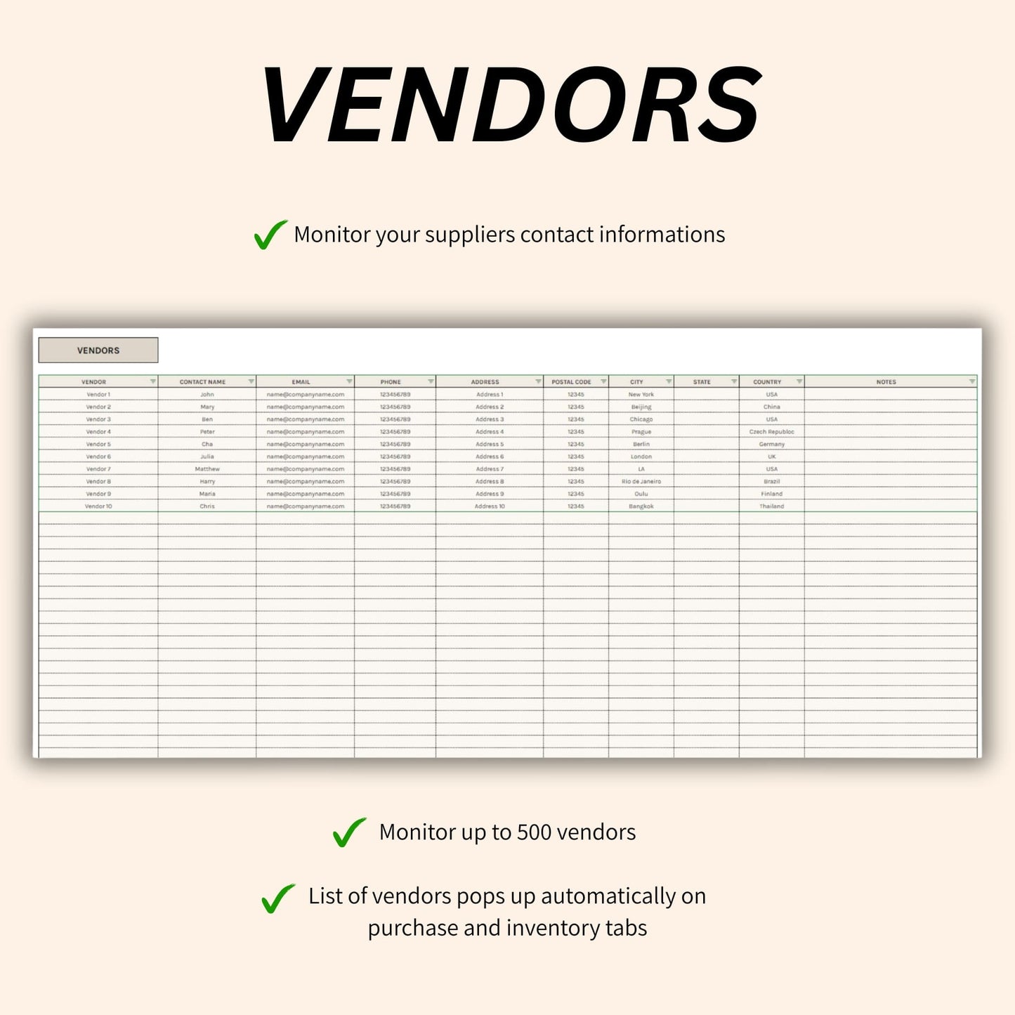 Product category setup in inventory sheet