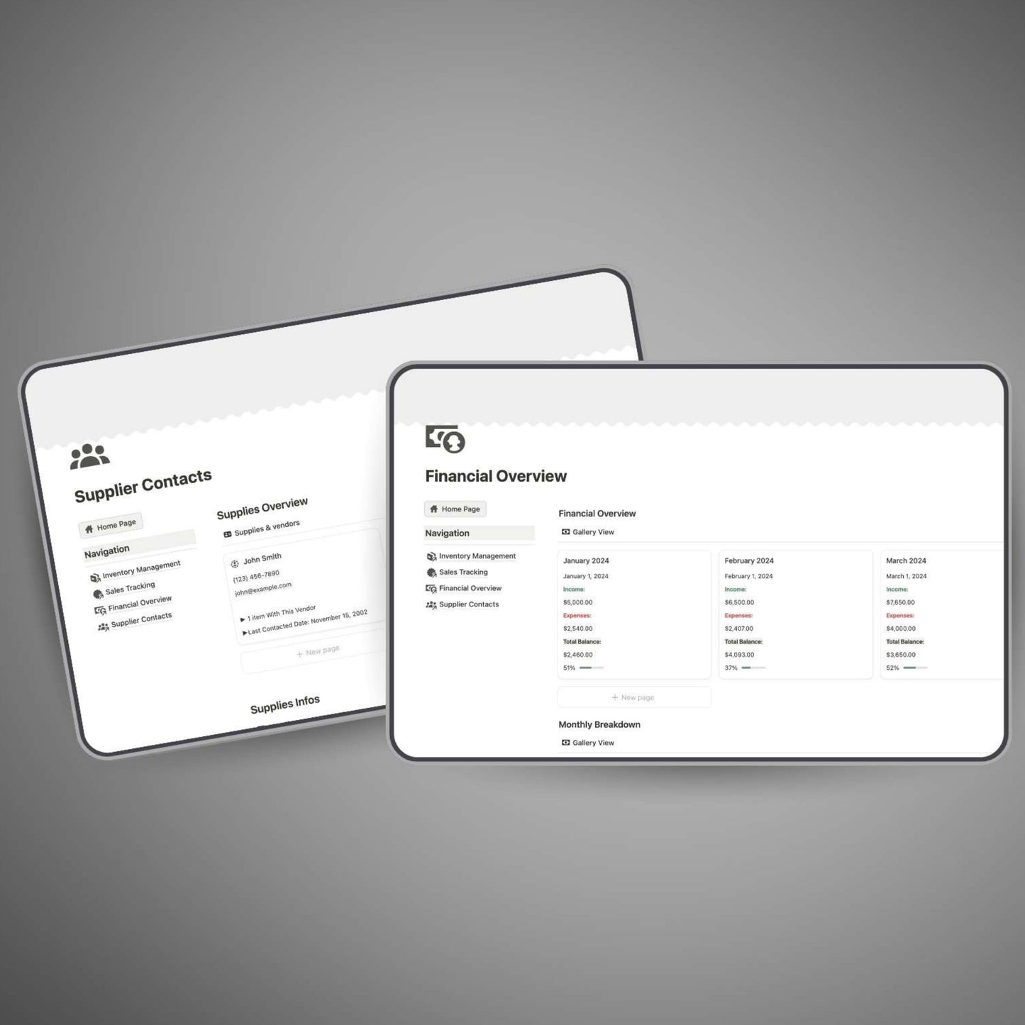 Supplier management and financial tracking workspace in Notion