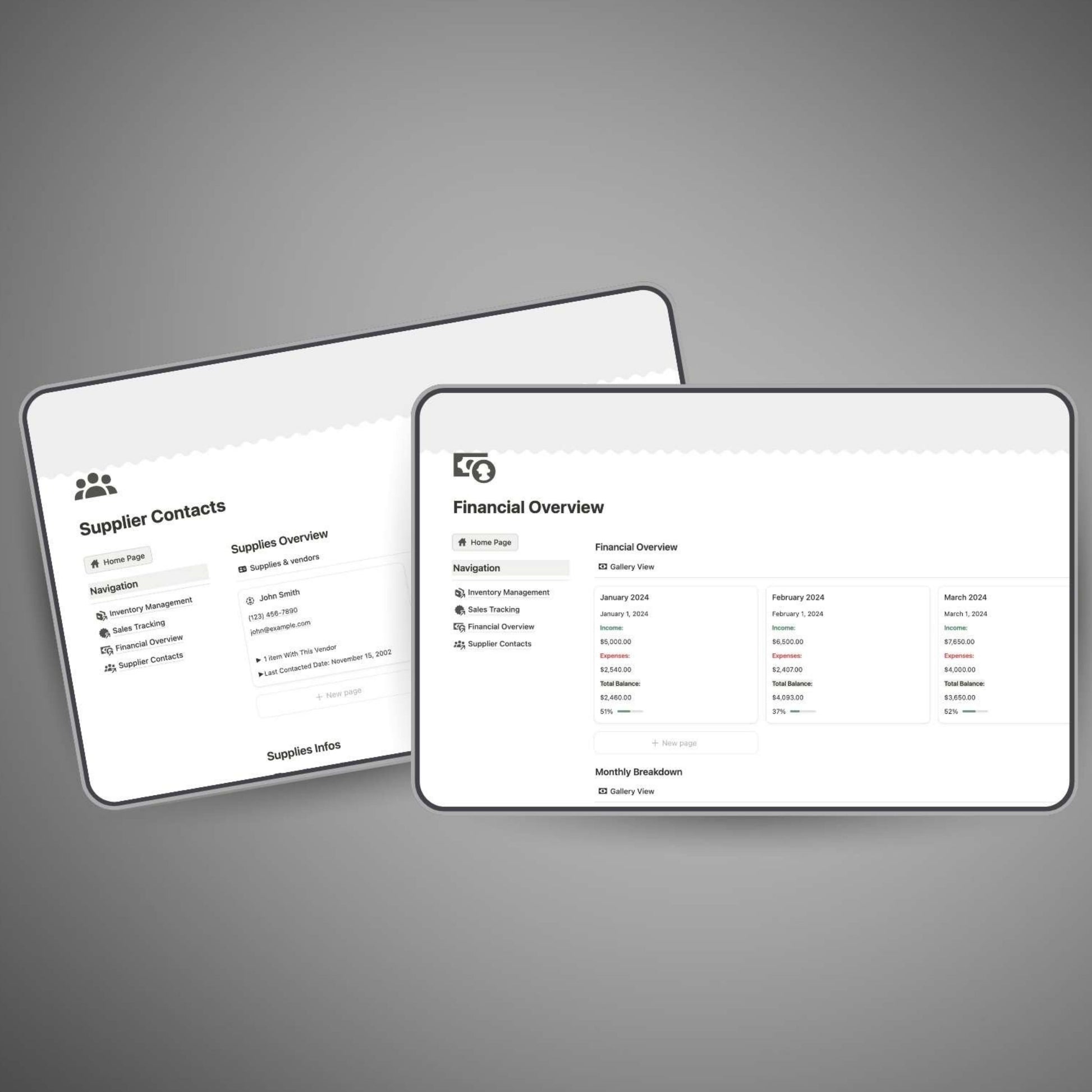 Supplier management and financial tracking workspace in Notion