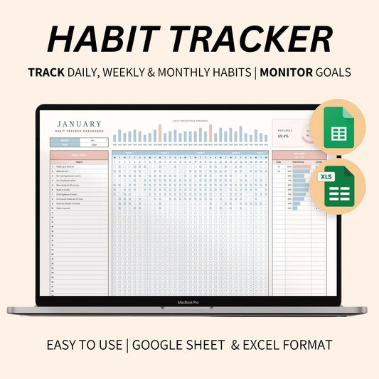 Automated habit tracker spreadsheet with color-coded progress bars for daily goal tracking