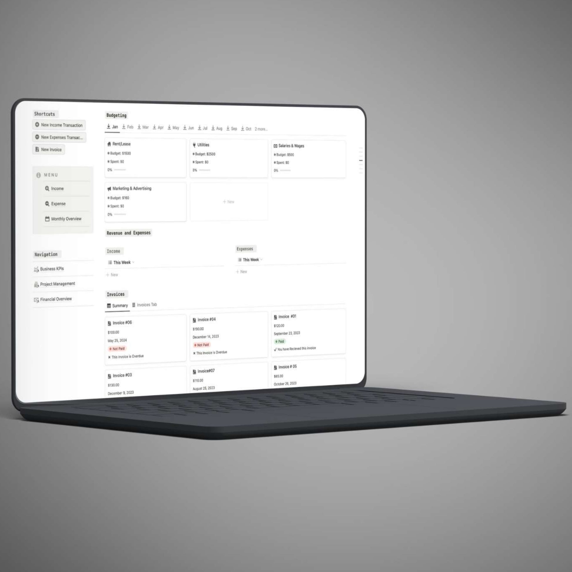 Business budgeting Notion template with income tracking