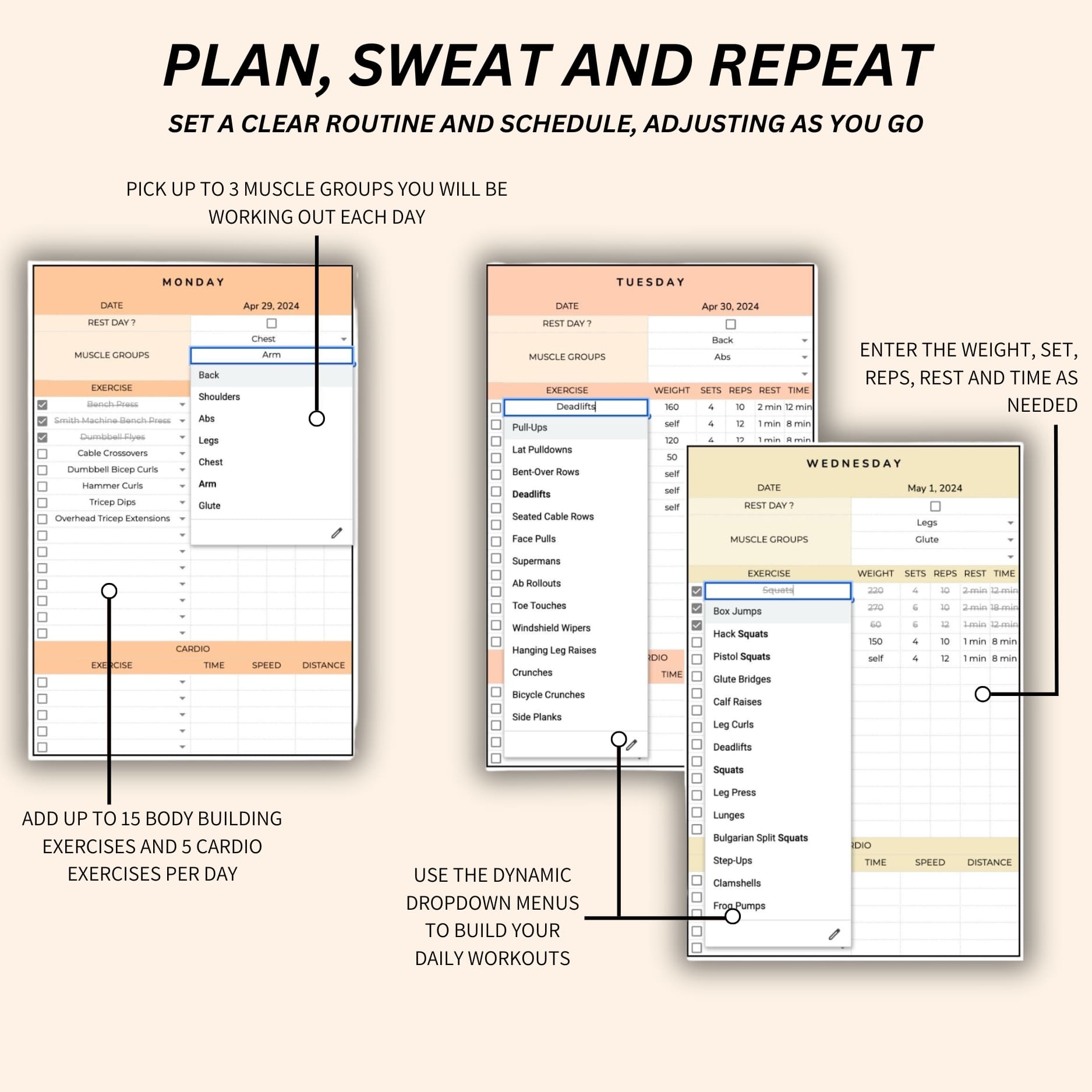 Customizable gym routine planner to stay consistent with workouts