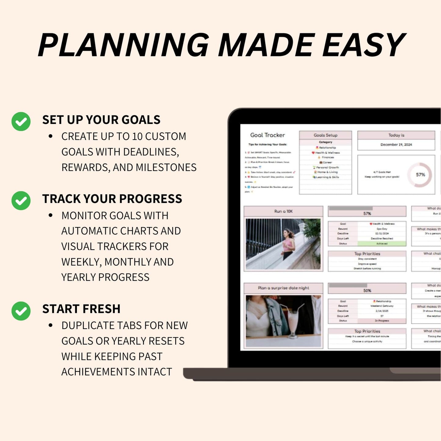 Digital goal planner spreadsheet for personal development
