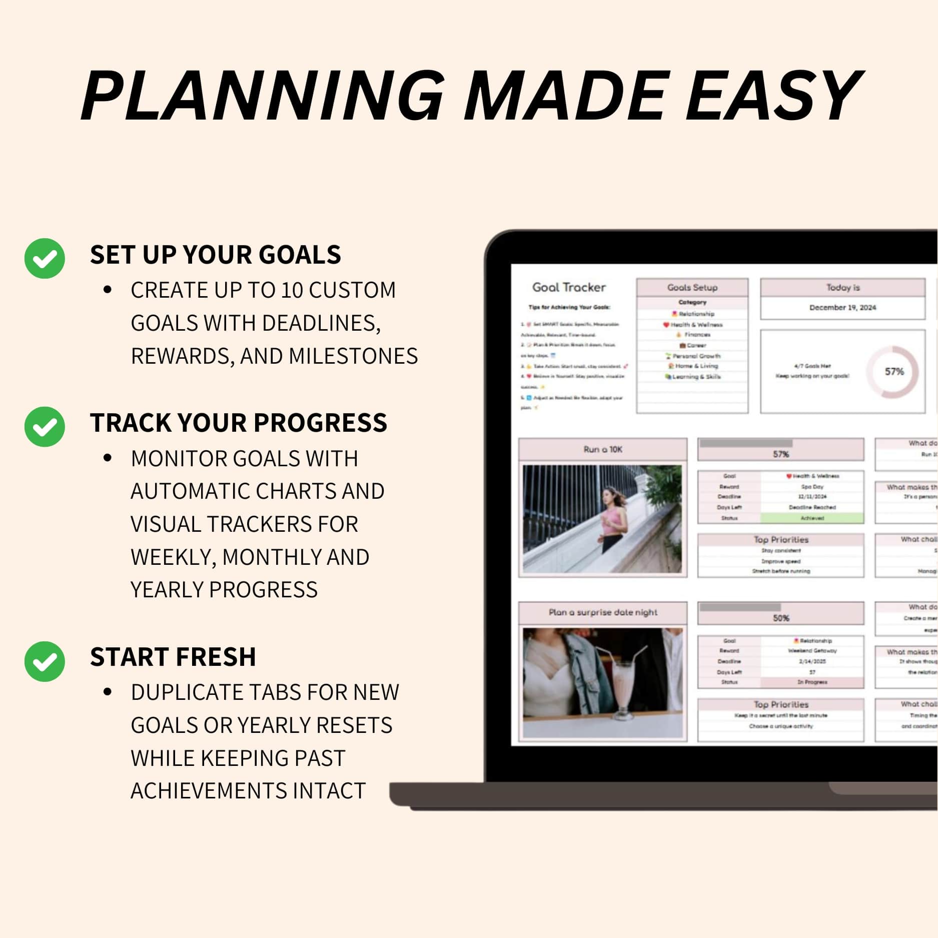 Digital goal planner spreadsheet for personal development
