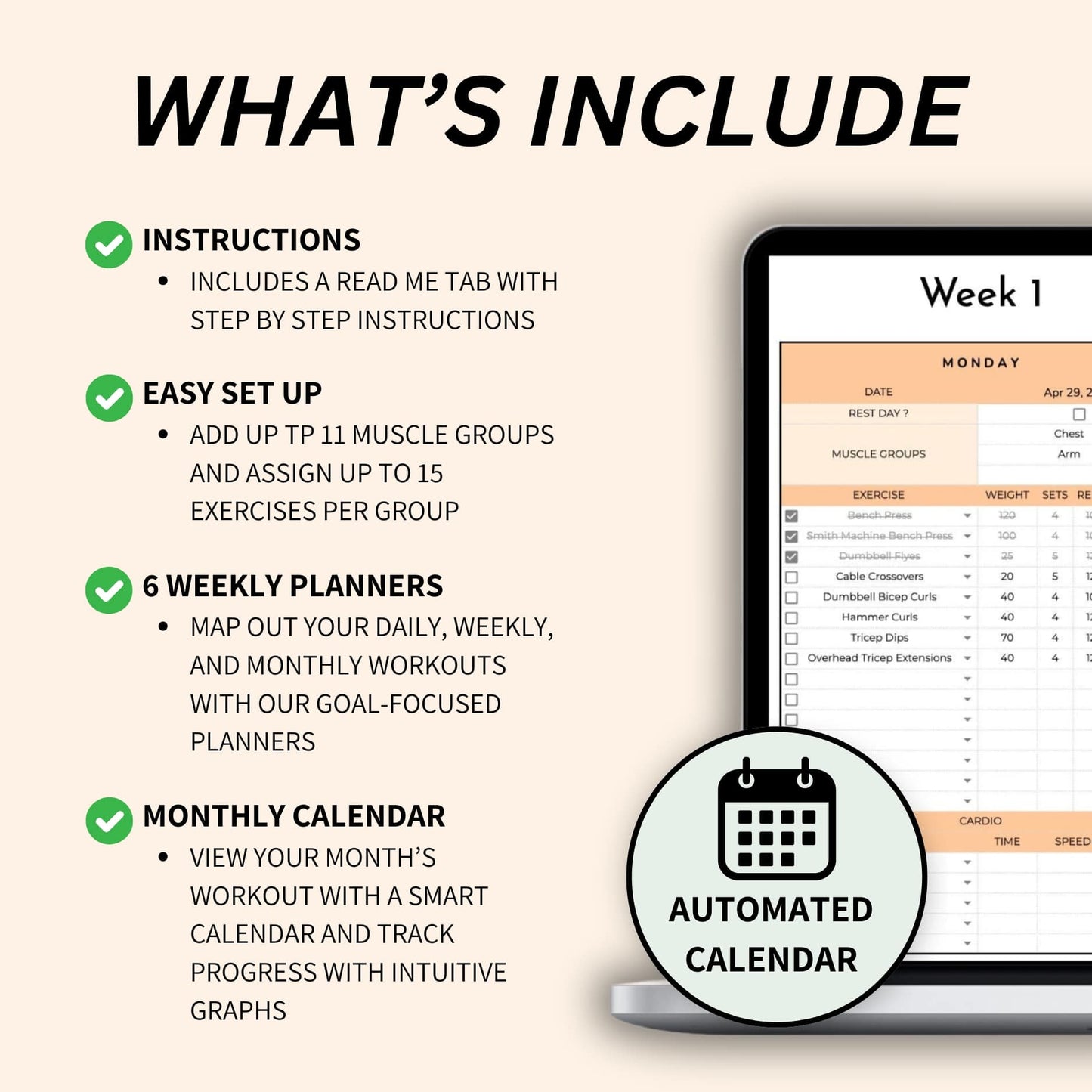 Fitness tracker spreadsheet to log sets, reps, and weights easily