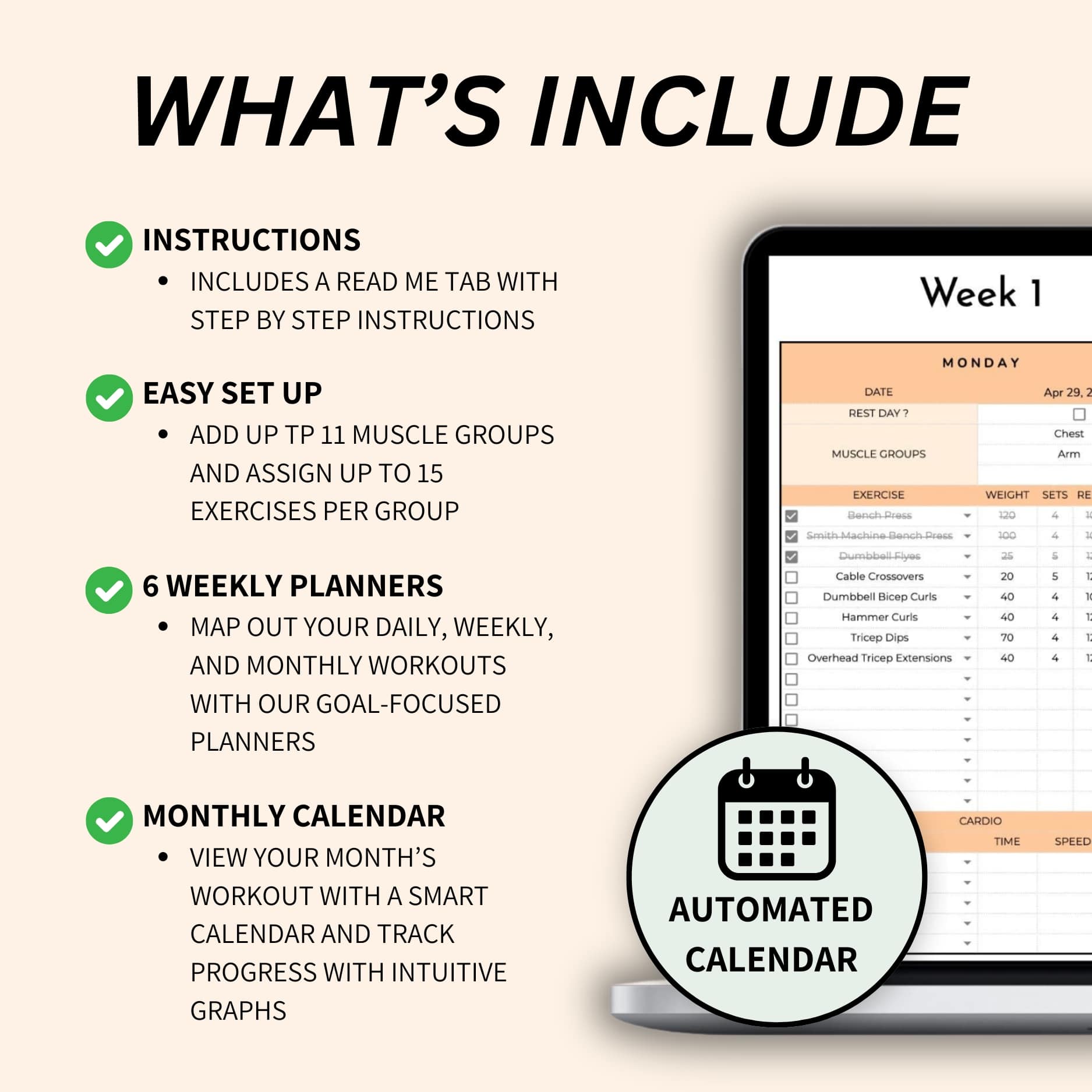 Fitness tracker spreadsheet to log sets, reps, and weights easily