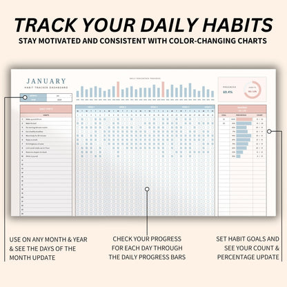 Minimalist digital habit tracker Excel template with auto-calculating summaries and charts