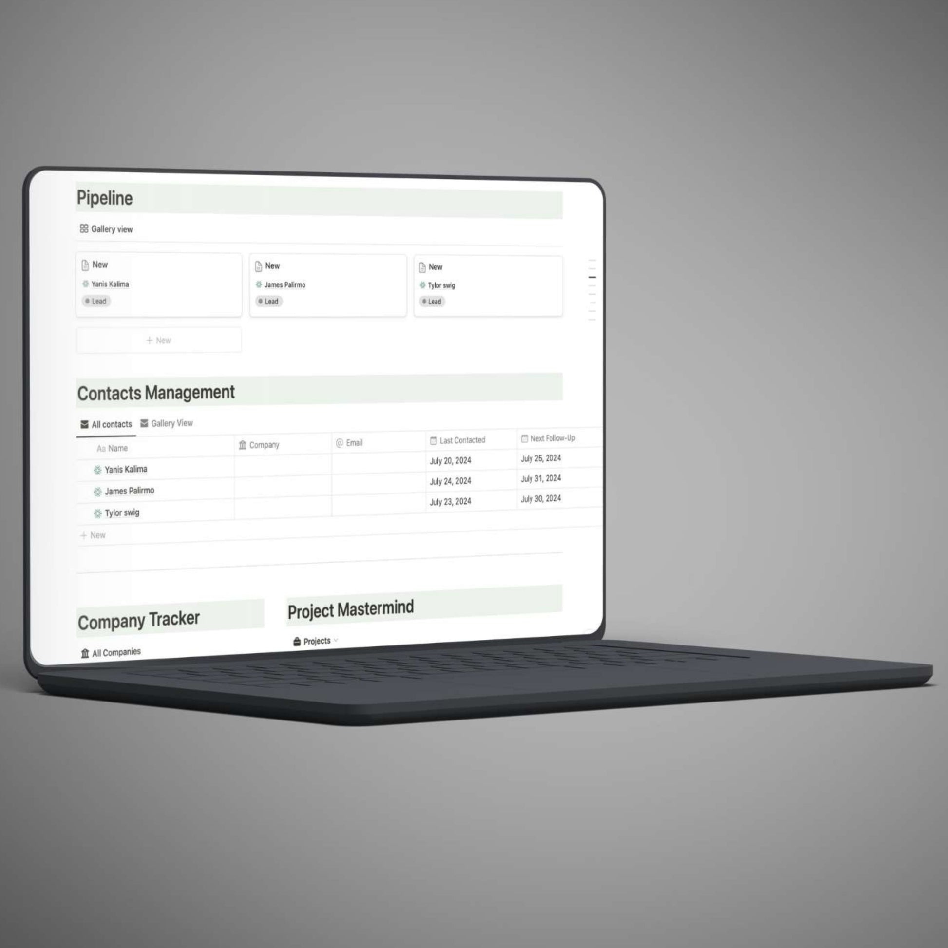 Organized Notion dashboard for tracking customer interactions and details.