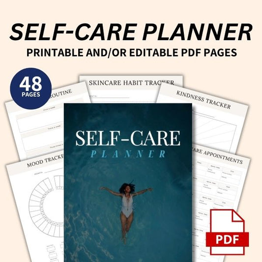Printable and digital self-care planner with guided prompts for relaxation, mindfulness, and mental wellness.