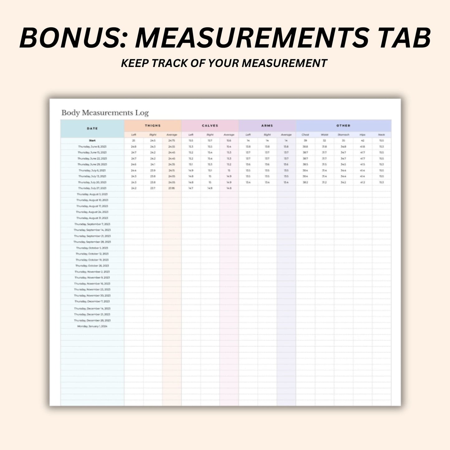 Printable weight loss chart and body measurement tracker for tracking inches lost