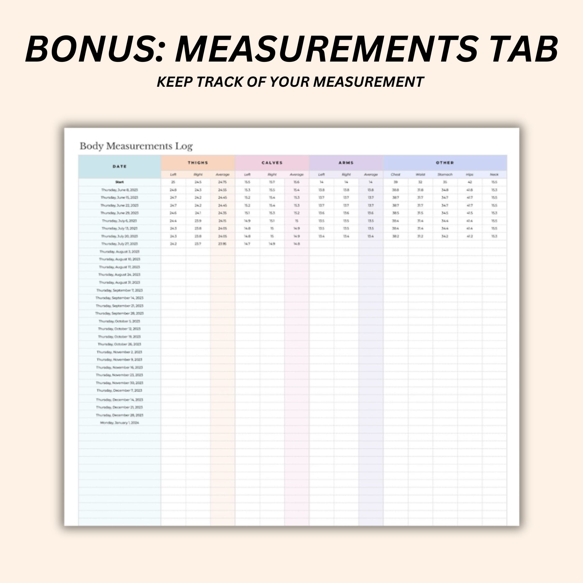 Printable weight loss chart and body measurement tracker for tracking inches lost