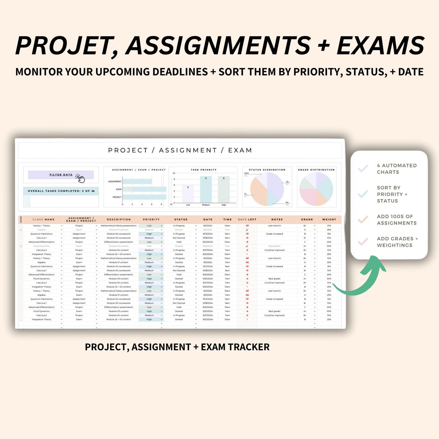 Reusable Google Sheets planner for college students with class schedule manager