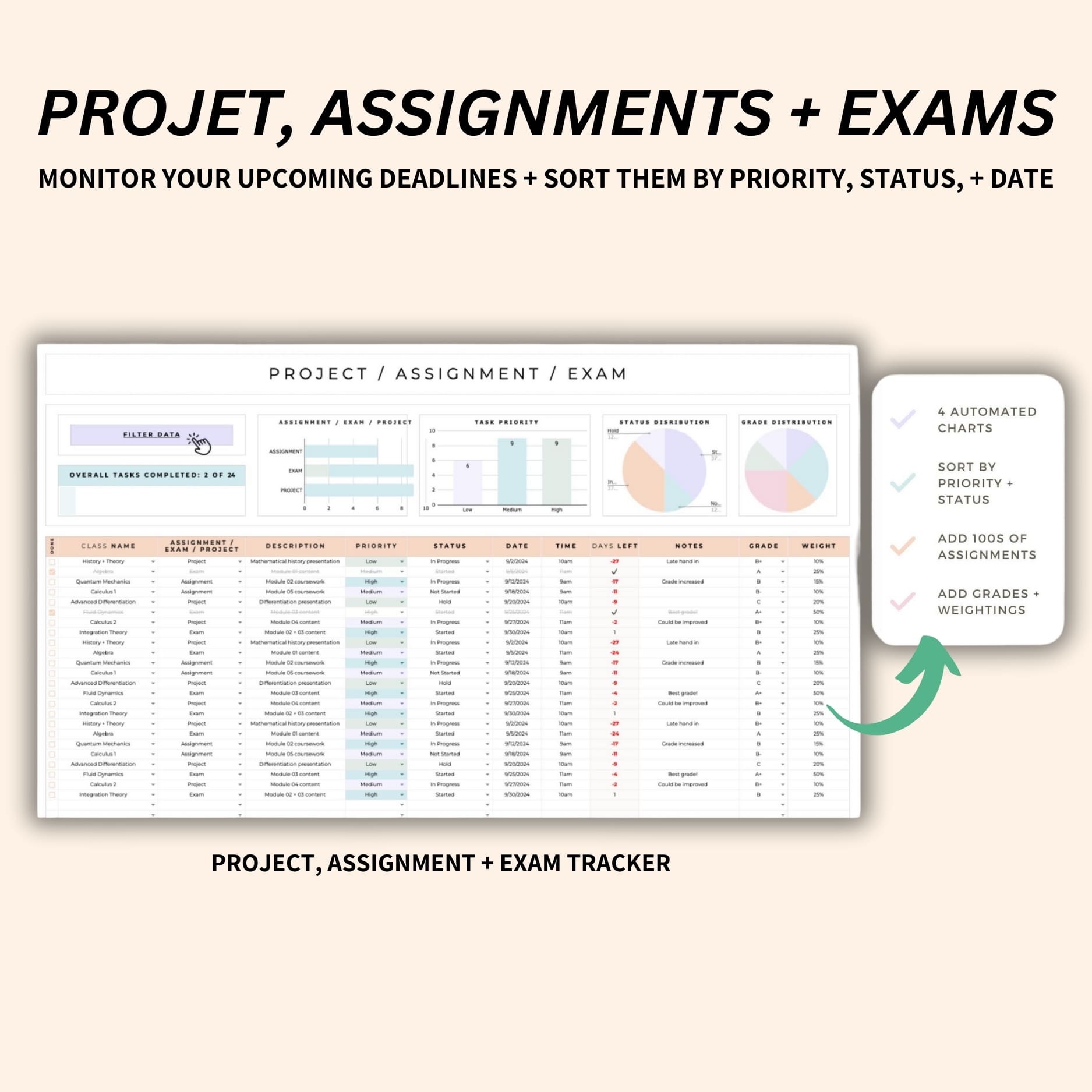 Reusable Google Sheets planner for college students with class schedule manager