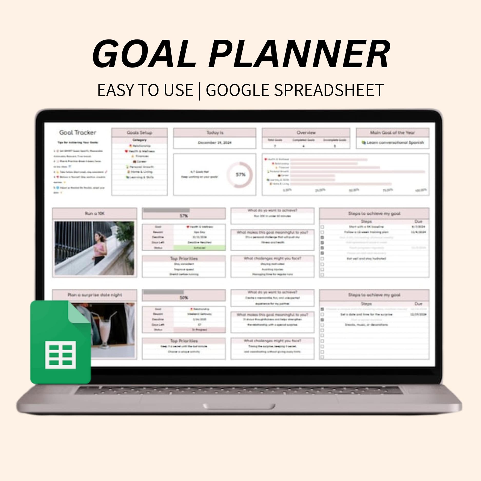 SMART goal planner template in Google Sheets with visual charts