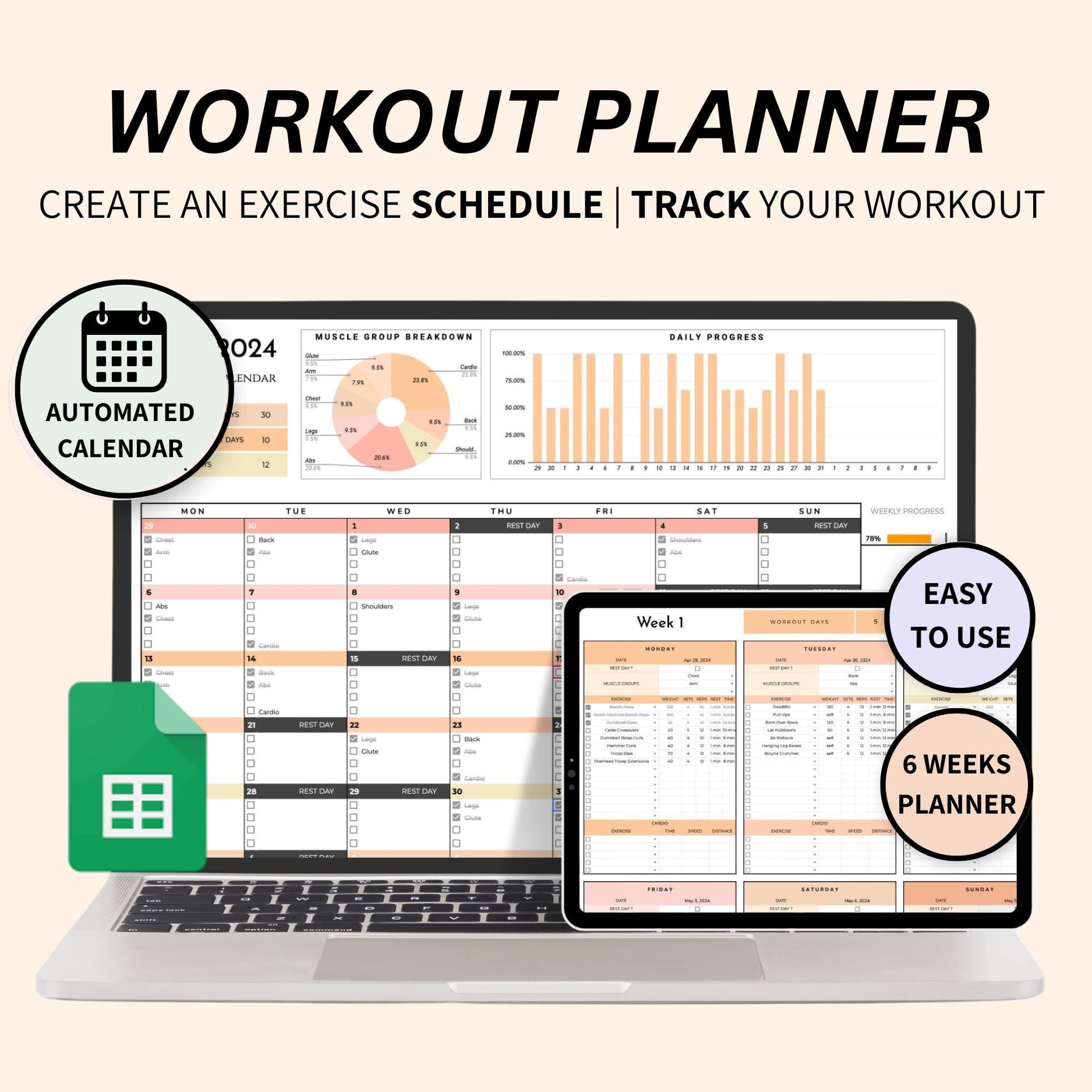 Workout planner spreadsheet for tracking gym progress in Google Sheets